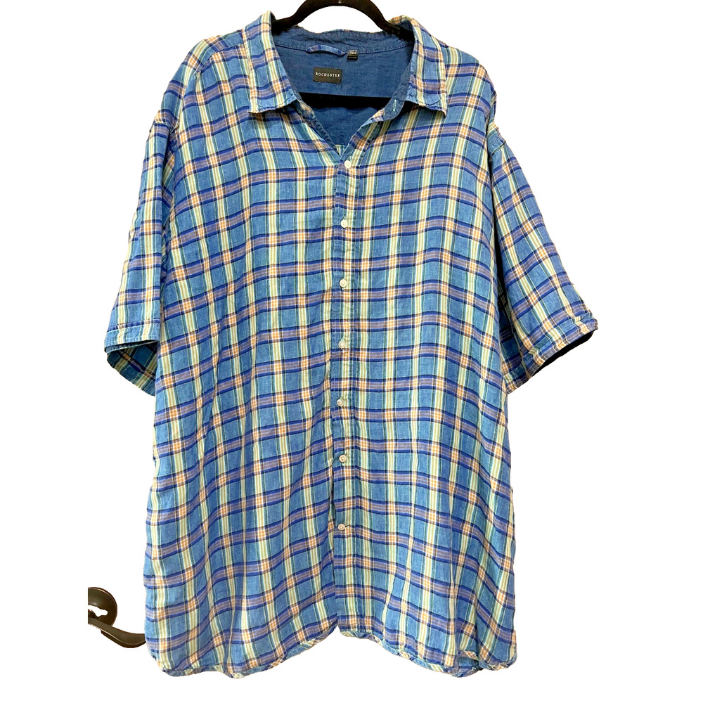 Rochester Shirt Mens Blue Plaid 100% Linen Button Up short sleeves Size-3X